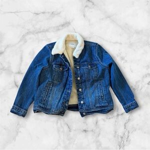 Old Navy Women’s Medium Petite Dark Blue Denim Jacket with Sherpa Lining